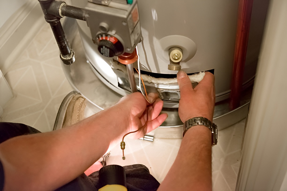 man fixing a water heater